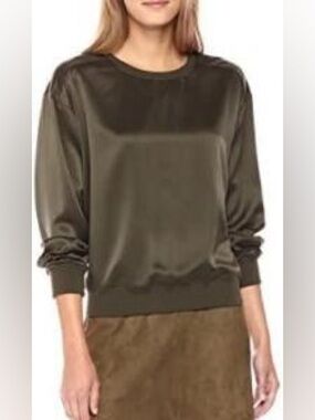 Theory Massar Vintage Satin 100% Silk Sweatshirt Olive Green M